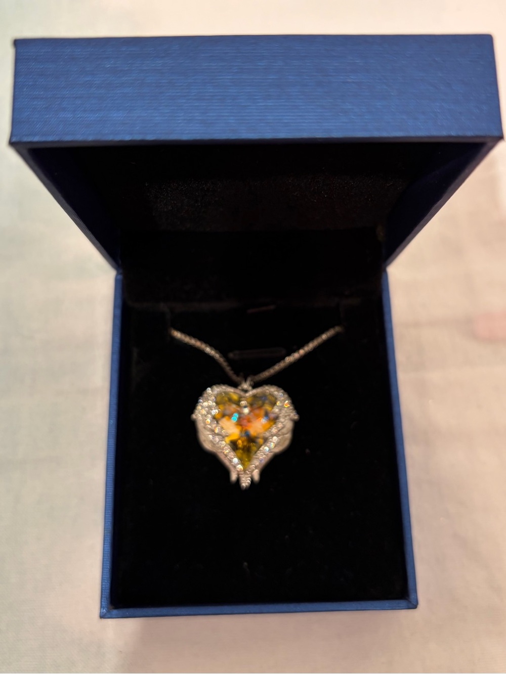 Angel Wings Heart Sparkling Yellow Sapphire Crystal Necklace RhodiumPlated Metal